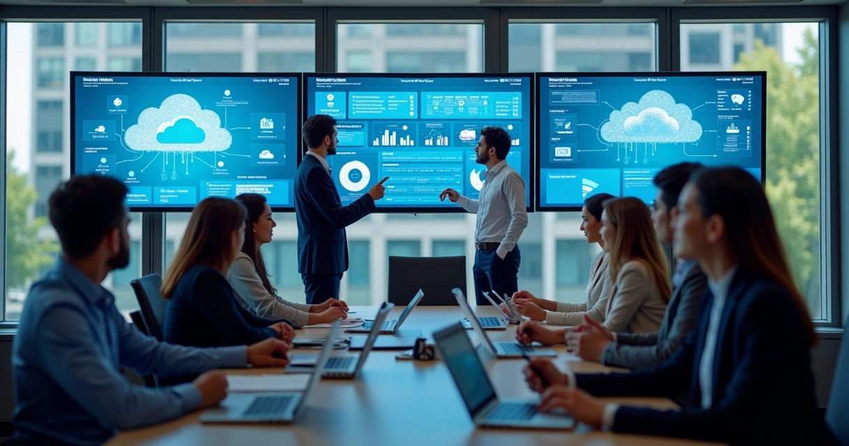 Profissionais avaliando opções de infraestrutura de nuvem lado a lado 