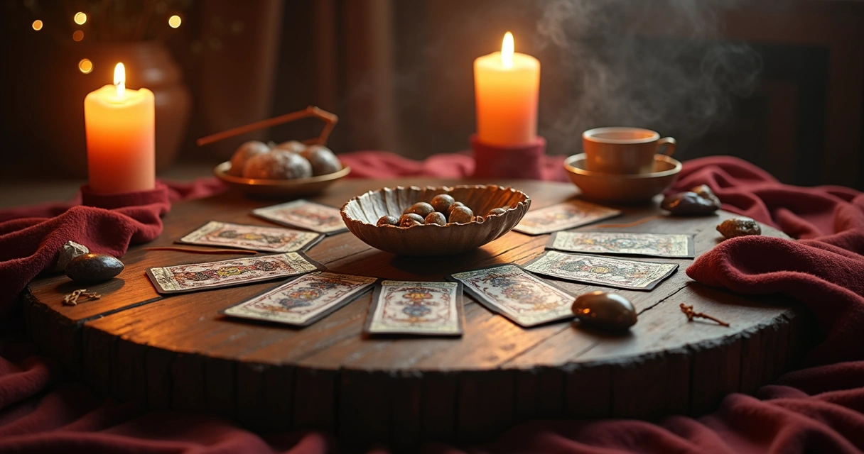 Mesa com cartas de tarot, búzios, pedras e incenso aceso 