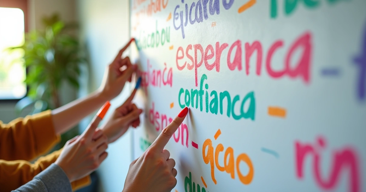 Quadro branco com palavras positivas escritas em marcadores coloridos 