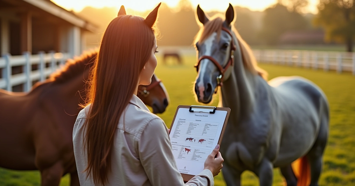 Criador analisando ficha de cruzamento ao lado de dois cavalos em um haras organizado 