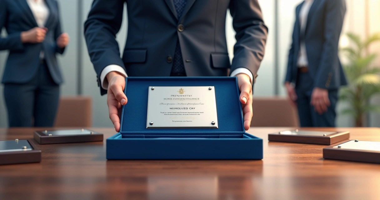 Gestor empresarial segurando placa de prata personalizada com caixa de veludo 