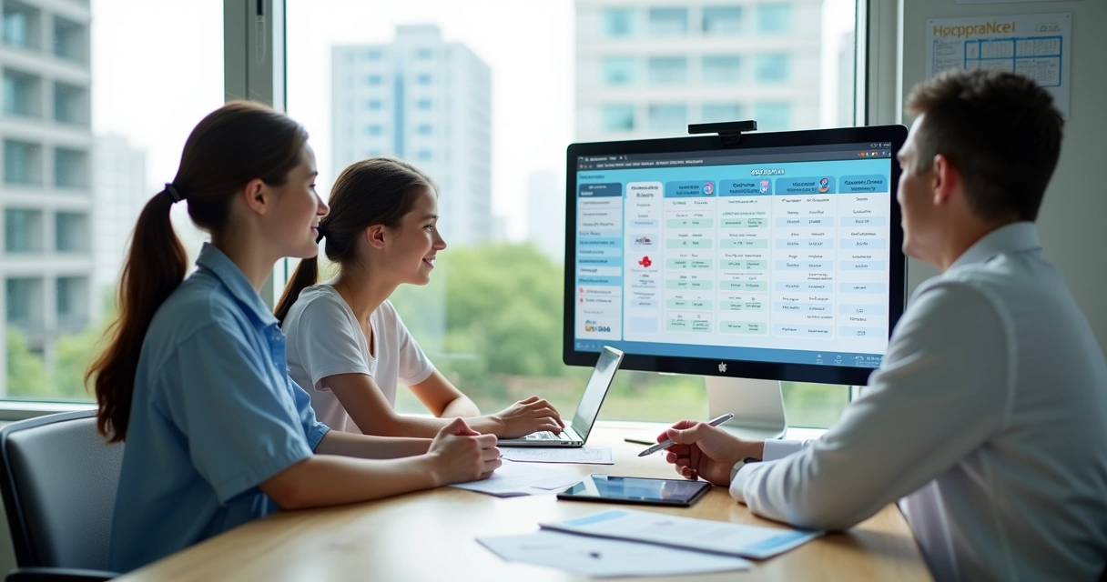 Família conversa com corretora sobre plano hospitalar em consultório moderno 