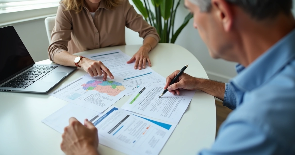 Pessoa analisando documentos de planos de saúde em uma mesa clara 