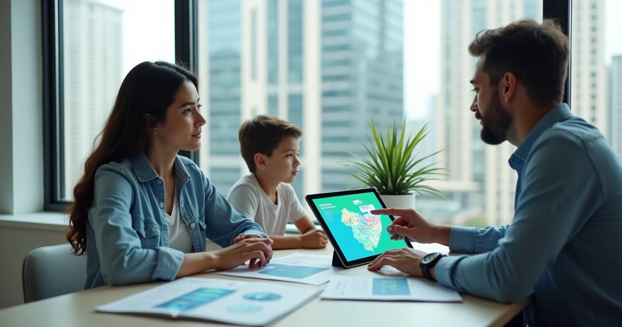 Corretor de saúde mostrando no tablet a comparação entre plano nacional e regional para família 