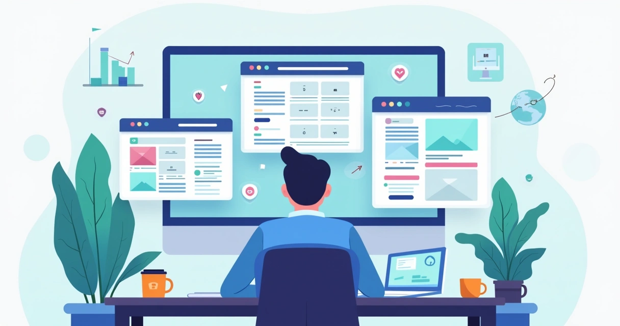 Profissional comparando opções de plataformas para criação de sites em um painel visual digital 