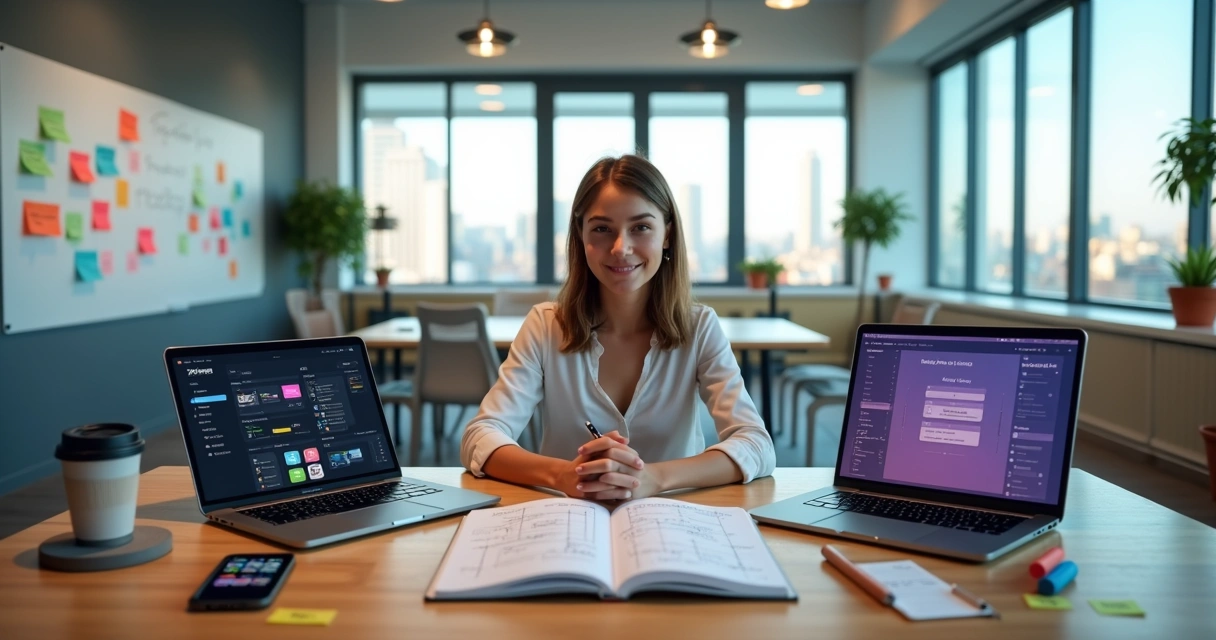 Empreendedora compara duas interfaces de criação de app em mesa colorida 