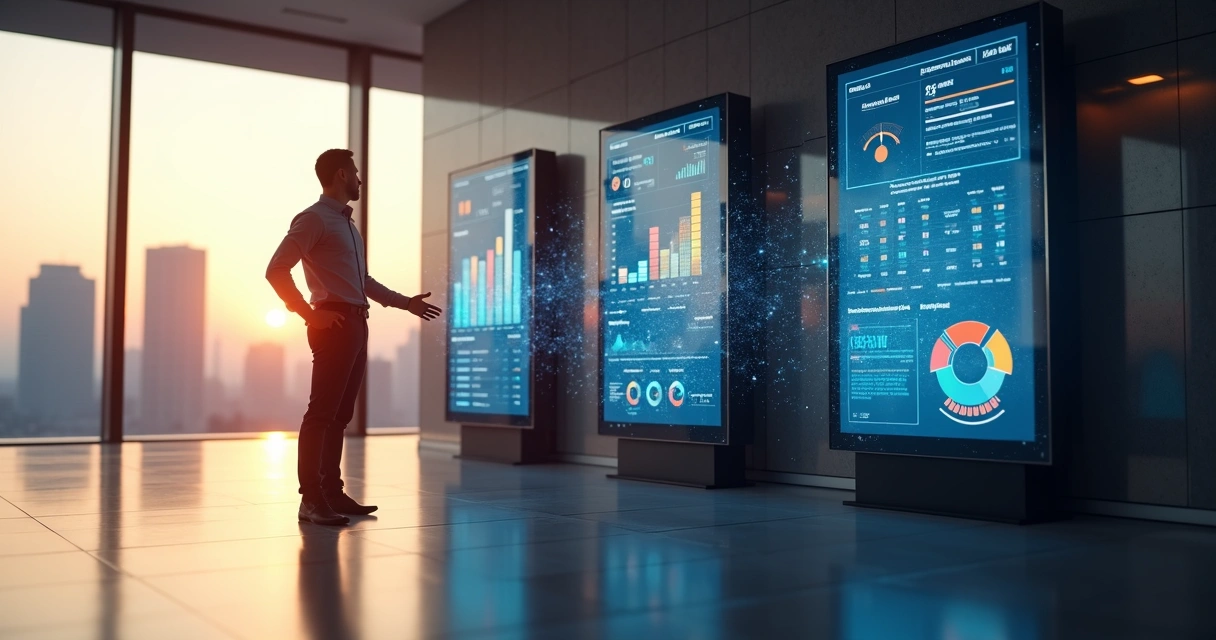 Gestor diante de totens digitais escolhendo plataforma financeira empresarial 