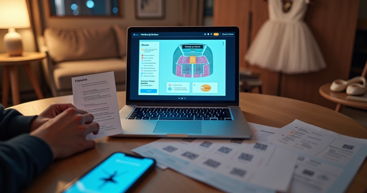 Tela de notebook com mapa de assentos de espetáculo de balé e ingressos digitais 