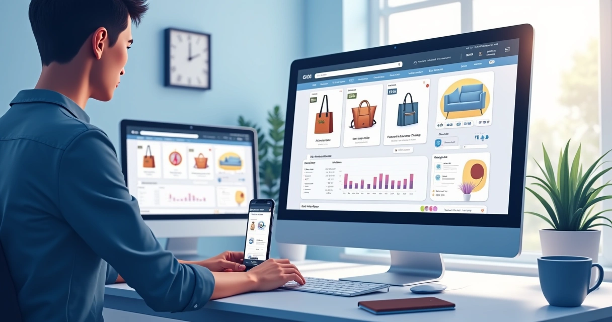 Tela de computador mostrando lojas virtuais em diferentes plataformas