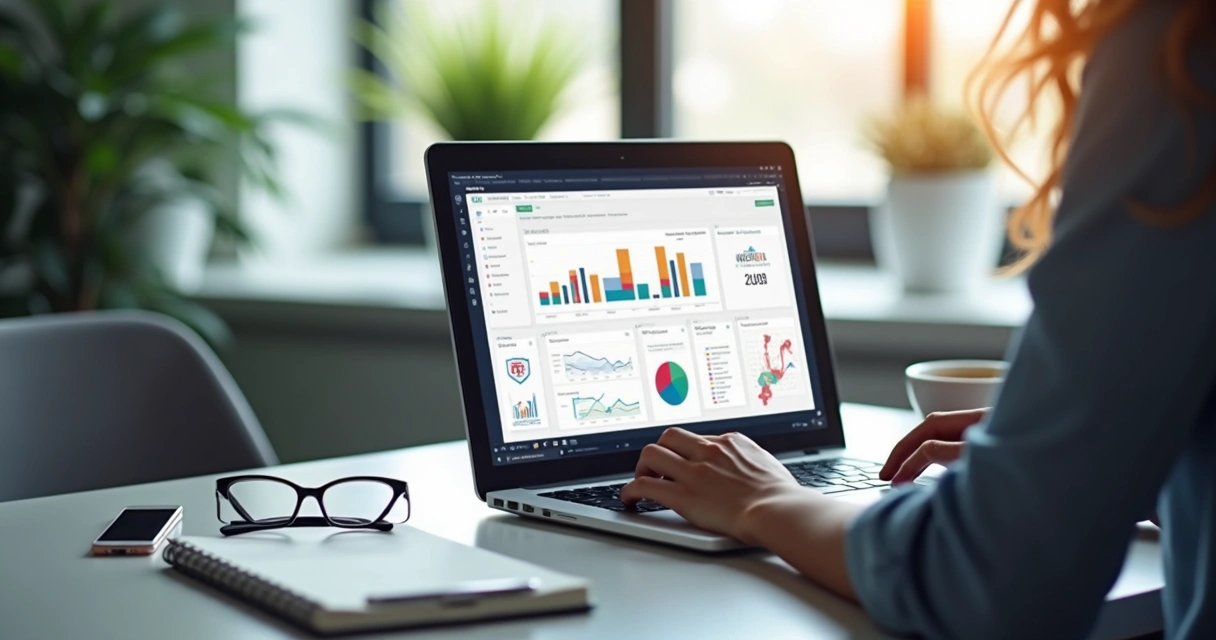 Pessoa analisando opções de plataformas SaaS em laptop numa mesa de escritório organizada com caderno, caneta e café 