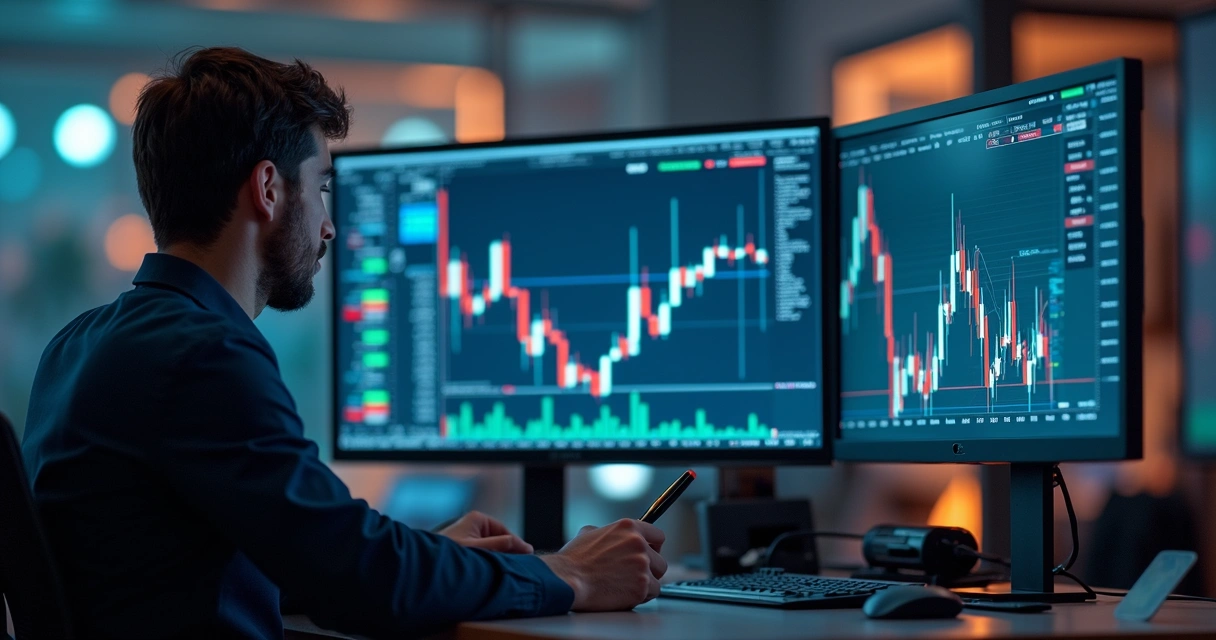 Pessoa analisando telas de plataformas de trading em ambiente tecnológico 