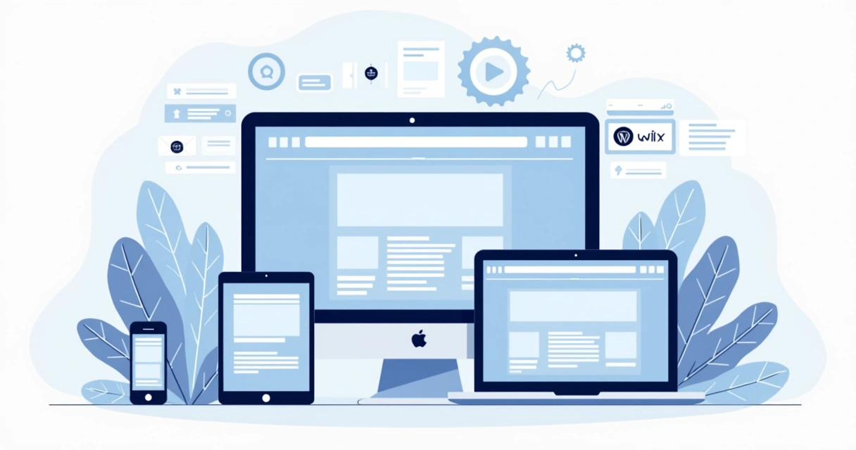 Vários dispositivos mostrando diferentes plataformas para criar sites
