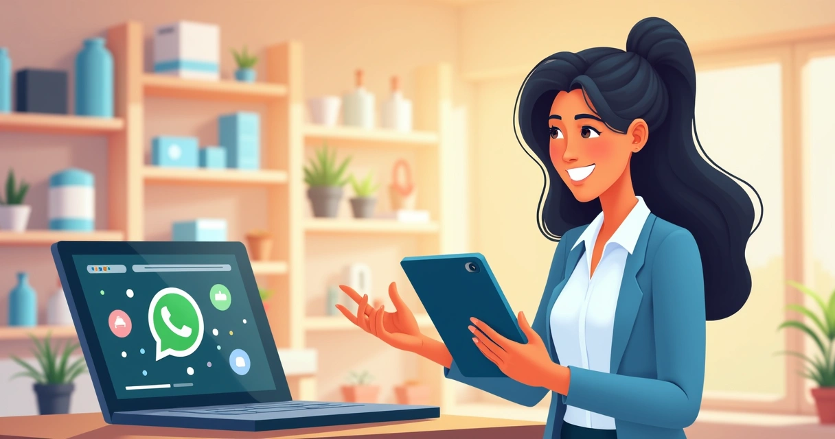 Mulher sorrindo mexendo em tablet em loja iluminada 
