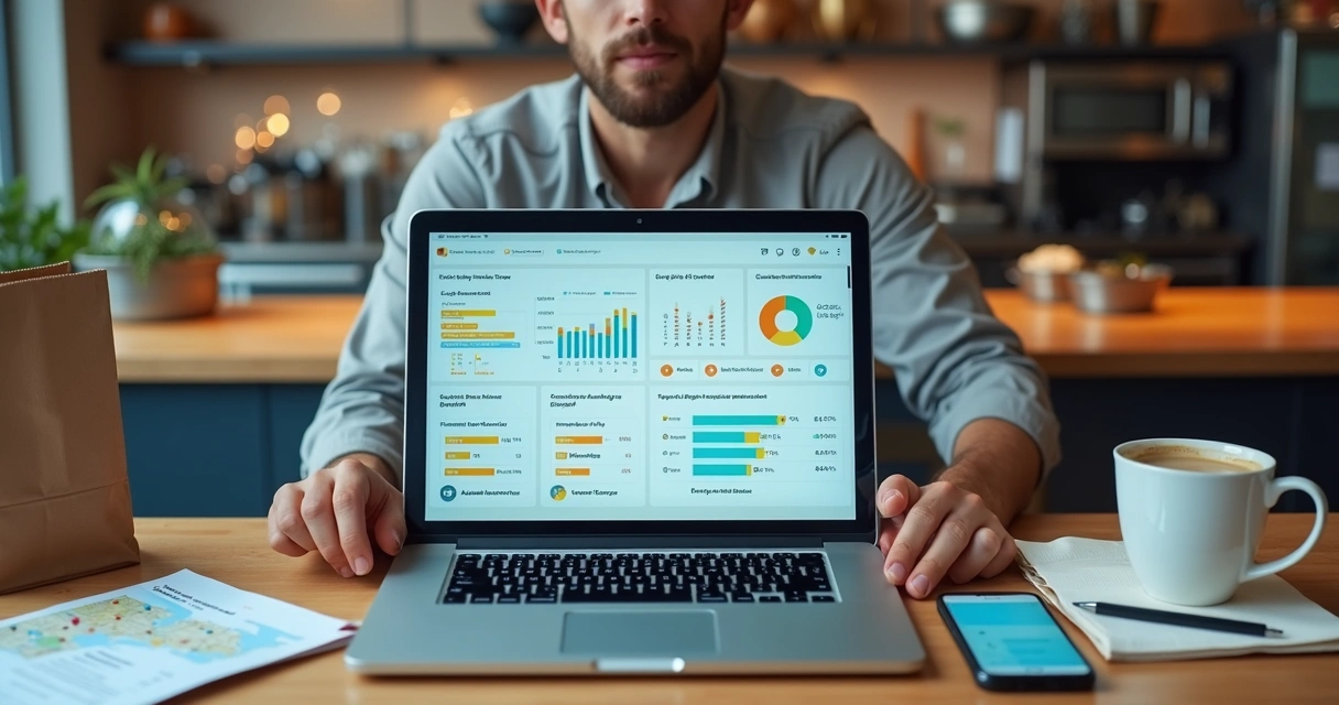 Gestor analisando várias plataformas de delivery em um notebook sobre a mesa 