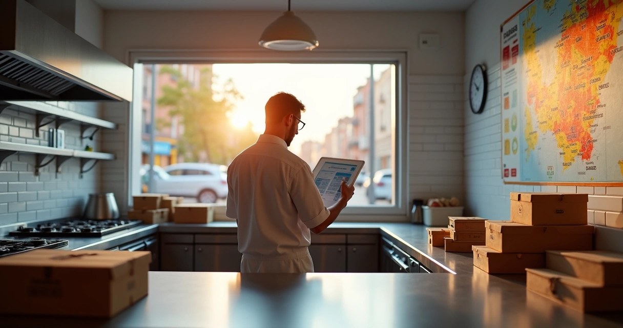 Empreendedor avaliando ponto comercial de cozinha para delivery com mapa e embalagens ao redor 