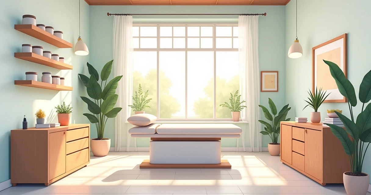 Sala de depilação com decoração acolhedora, maca central e iluminação suave 