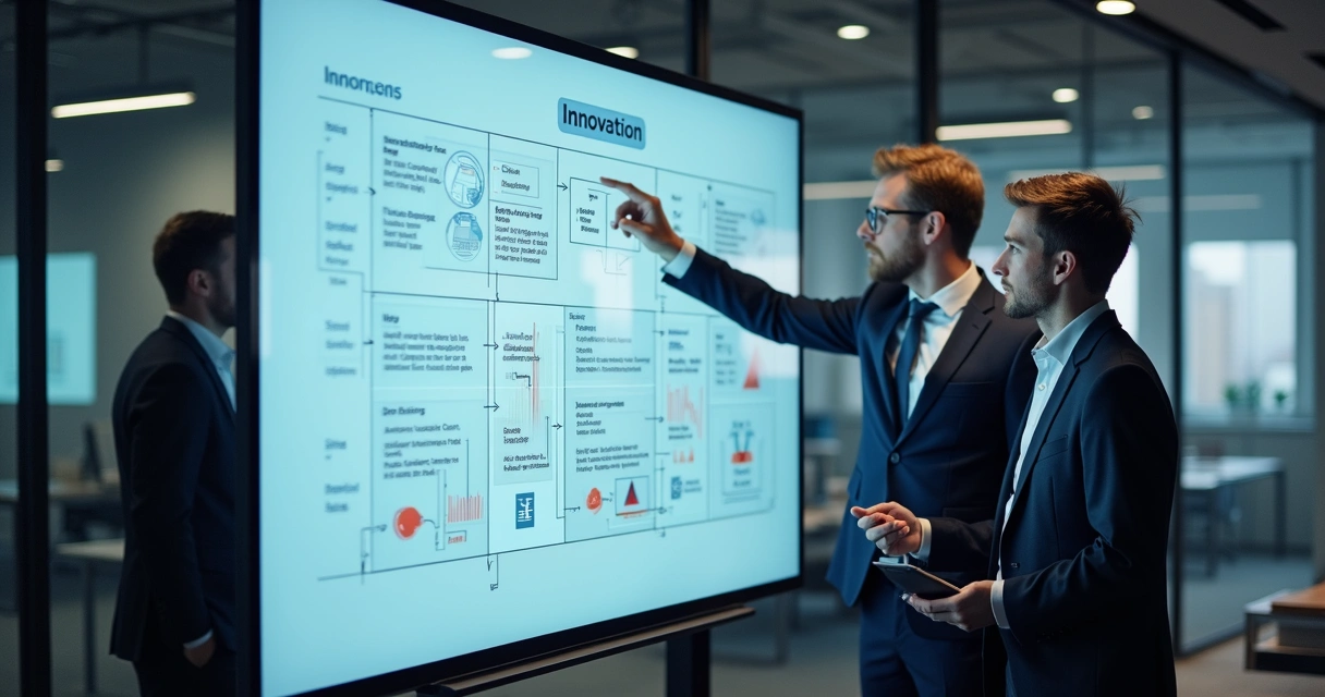 Profissionais analisando processos de inovação em quadro digital 