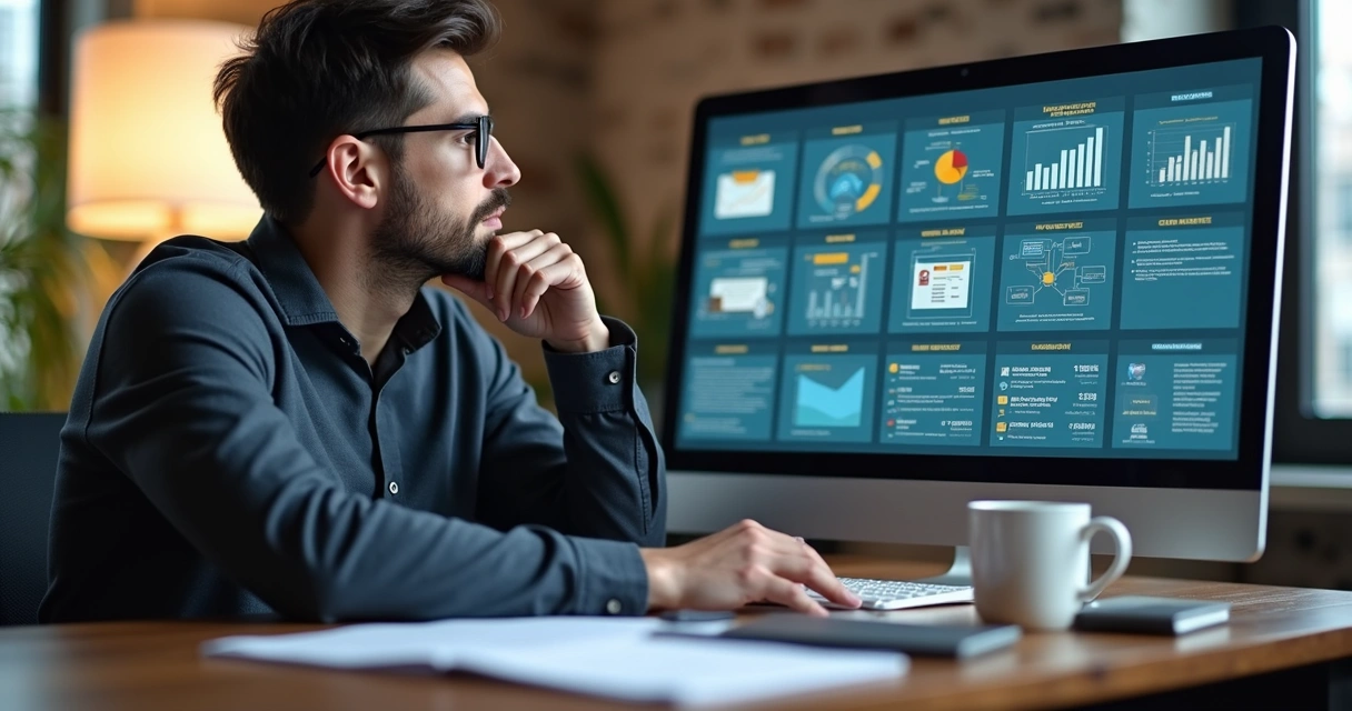 Afiliado analisando diferentes produtos digitais em tela de computador 