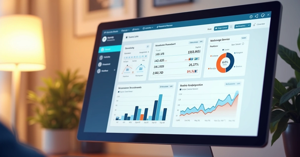 Tela de computador mostrando seleção de produtos digitais e gráficos de vendas