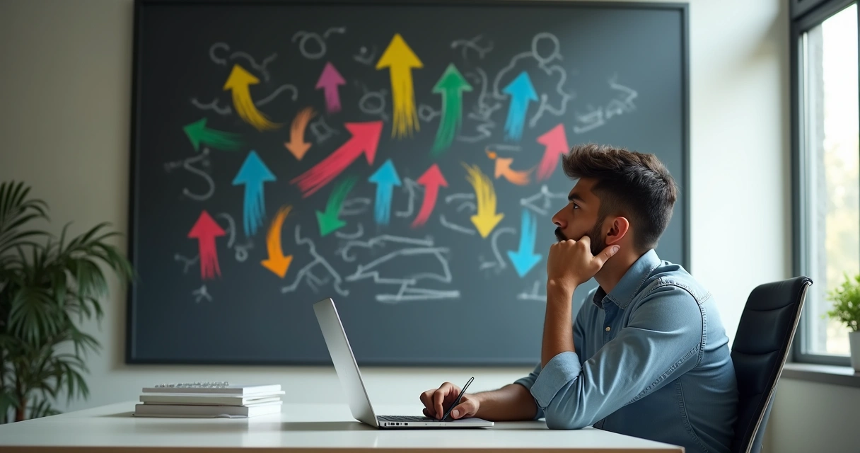 Jovem pensativo olhando para diversos caminhos de carreira desenhados em um quadro 