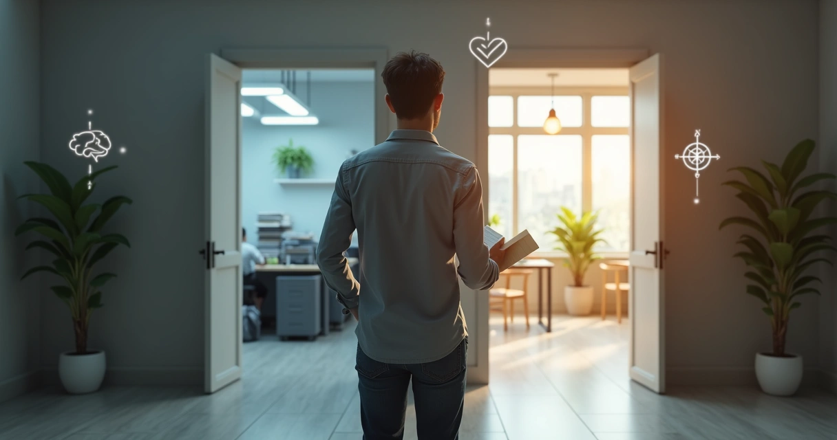 Pessoa em pé diante de duas portas escolhendo caminho profissional com expressão confiante 