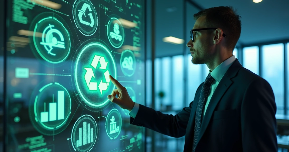 Executivo analisando portfólio de projetos de reciclagem em tela digital