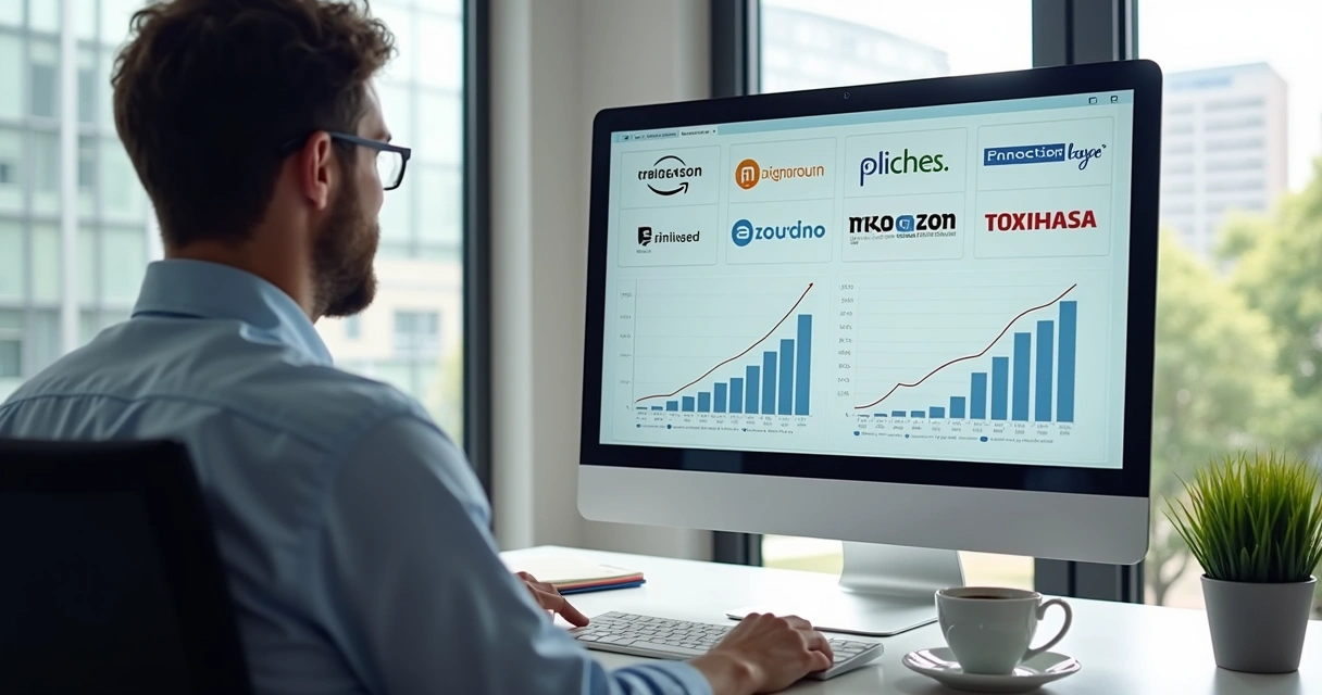 Pessoa analisando diferentes opções de provedores BaaS em uma tela de computador com gráficos e logos 