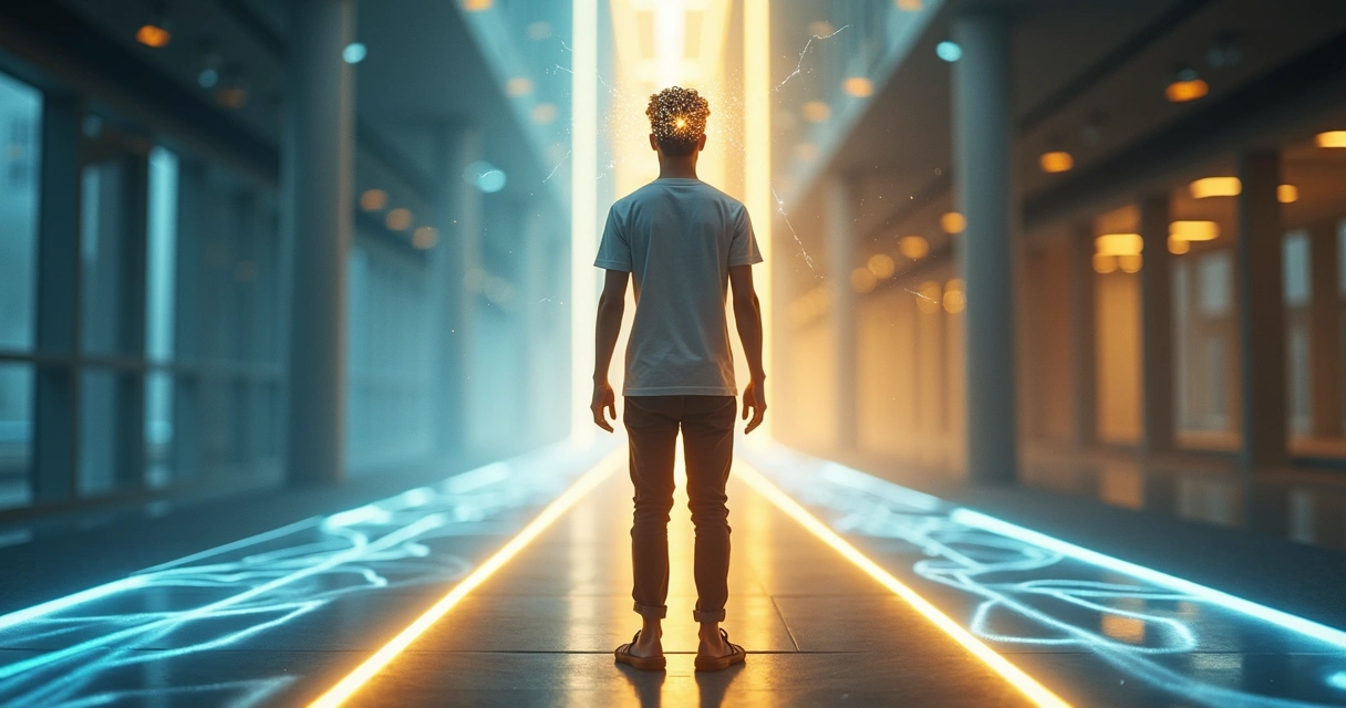 Pessoa tomando decisão rápida com caminhos luminosos e mente em destaque 