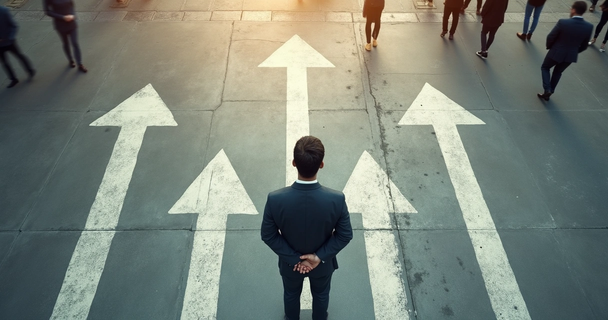 Pessoa em pé diante de várias setas desenhadas no chão indicando direções diferentes 