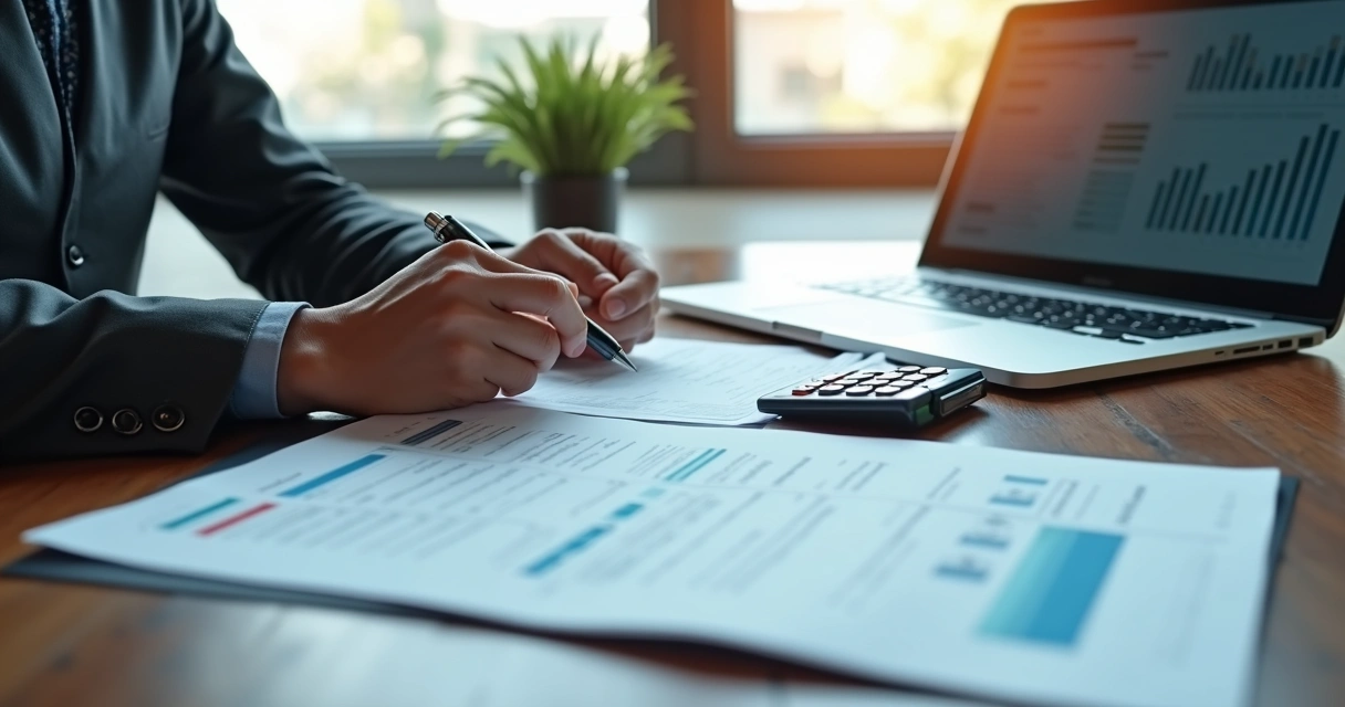 Pessoa analisando documentos empresariais ao lado de um laptop em escritório moderno 