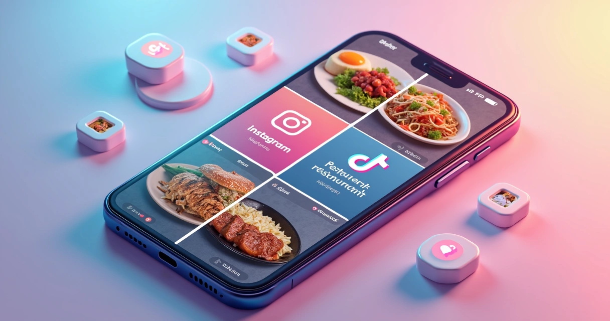 Celular mostrando feed de instagram e tiktok lado a lado, com pratos de comida em destaque 