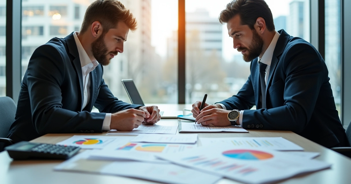 Empresário e contador analisando demonstrativos fiscais na mesa 