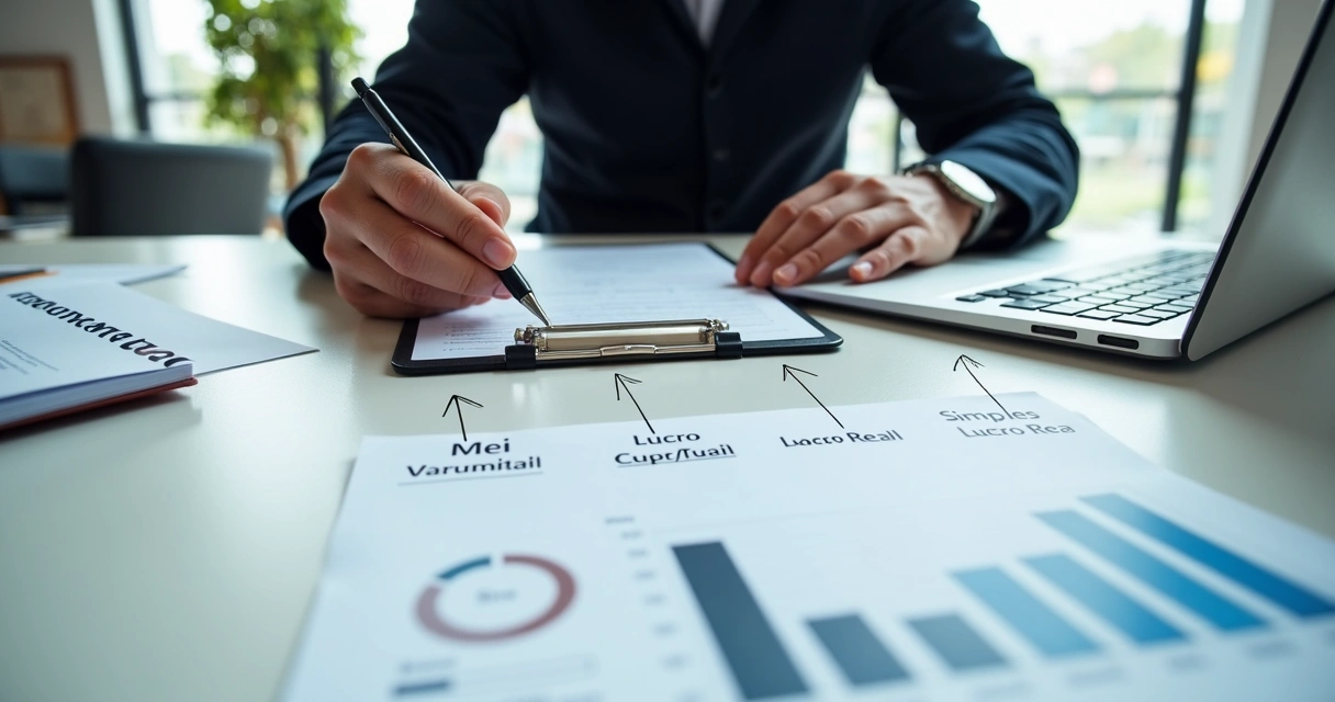 Pessoa analisando diferentes regimes tributários com documentos 