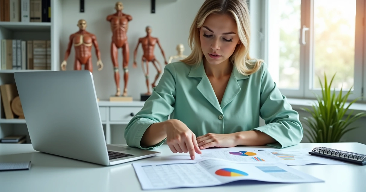 Fisioterapeuta analisando gráficos e documentos fiscais 
