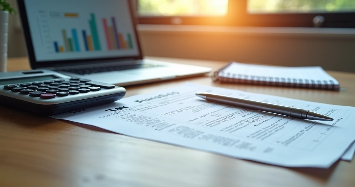 Papéis fiscais e calculadora sobre mesa de trabalho empresarial 