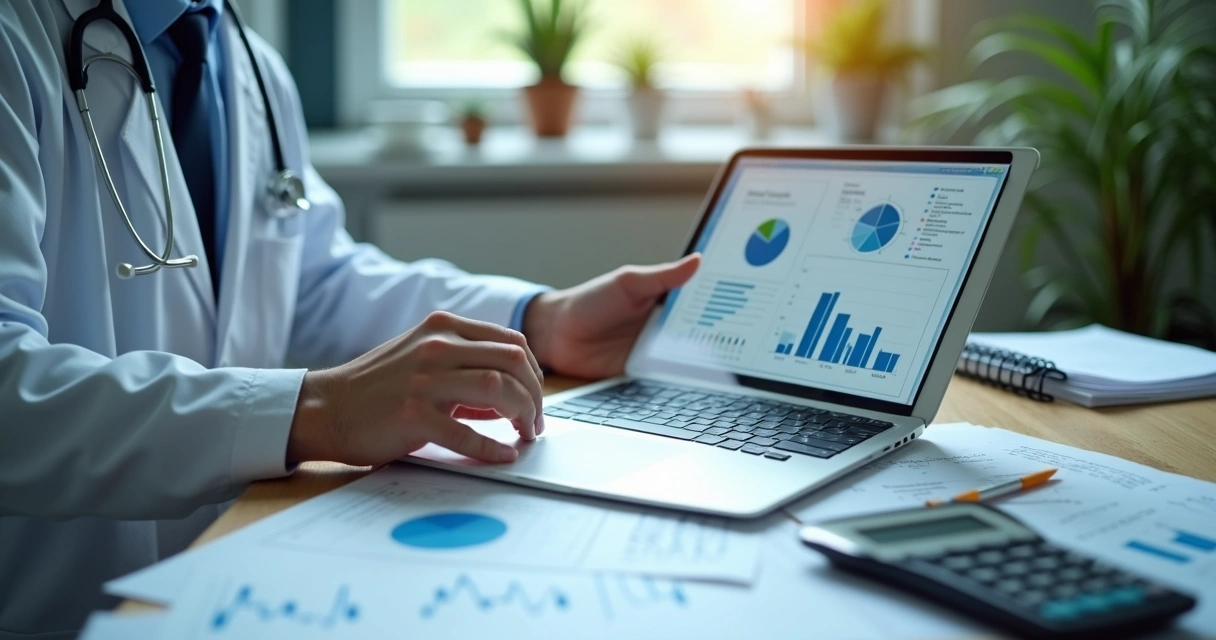 Médico analisando planilhas e gráficos financeiros em um consultório moderno, tela de notebook mostrando opções tributárias e cálculos financeiros, documentos organizados ao redor 