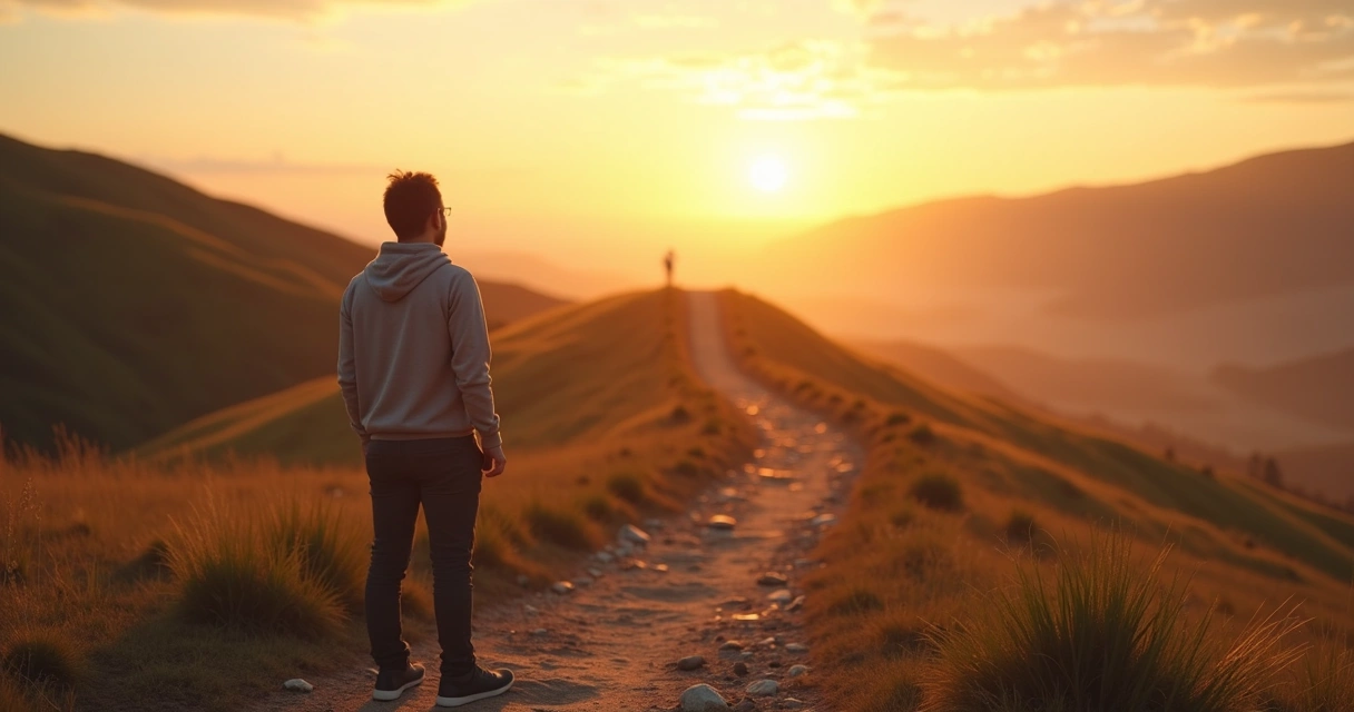 Pessoa em encruzilhada refletindo com serenidade sobre uma decisão difícil 