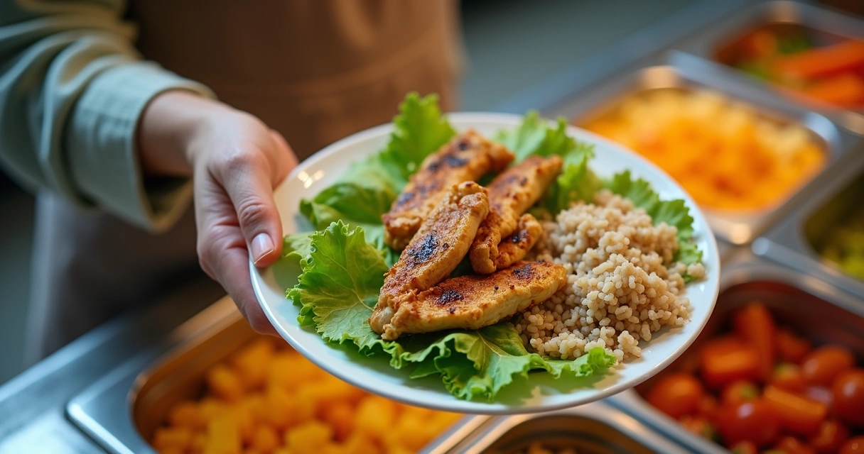 Pessoa servindo salada fresca e frango grelhado em restaurante por quilo