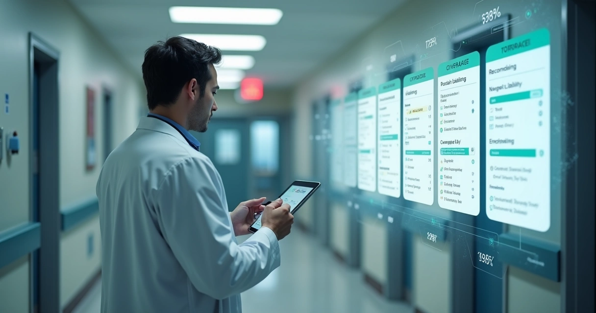 Médico analisando comparativo de seguradoras em painel digital futurista 