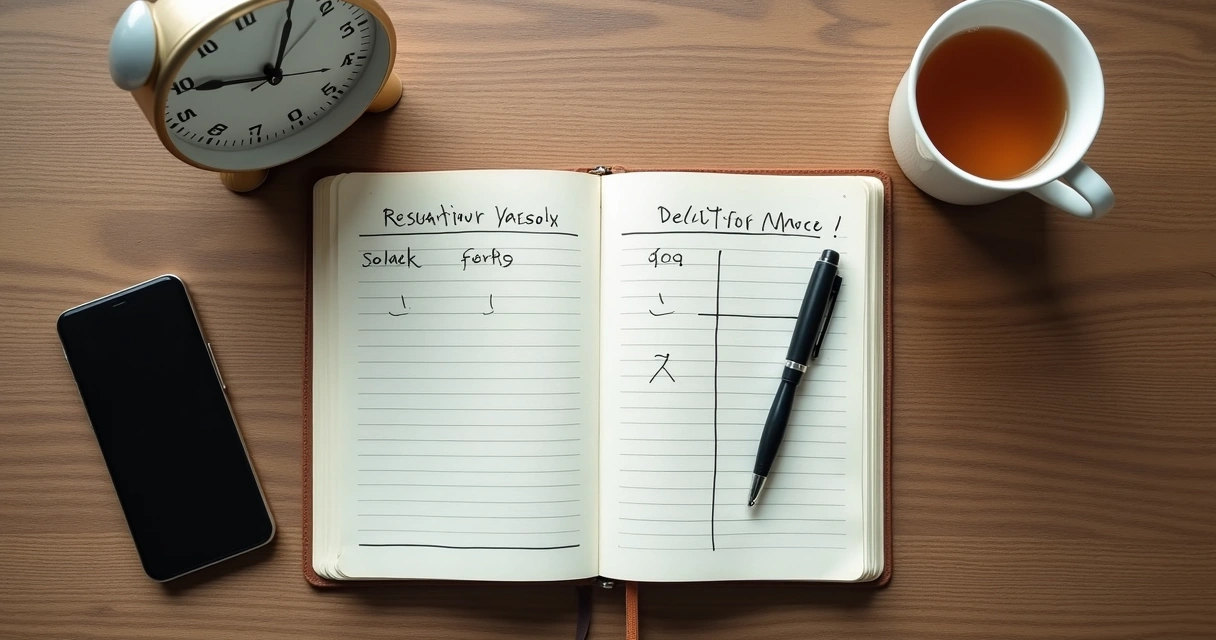 Caderno com prós e contras ao lado de um relógio 