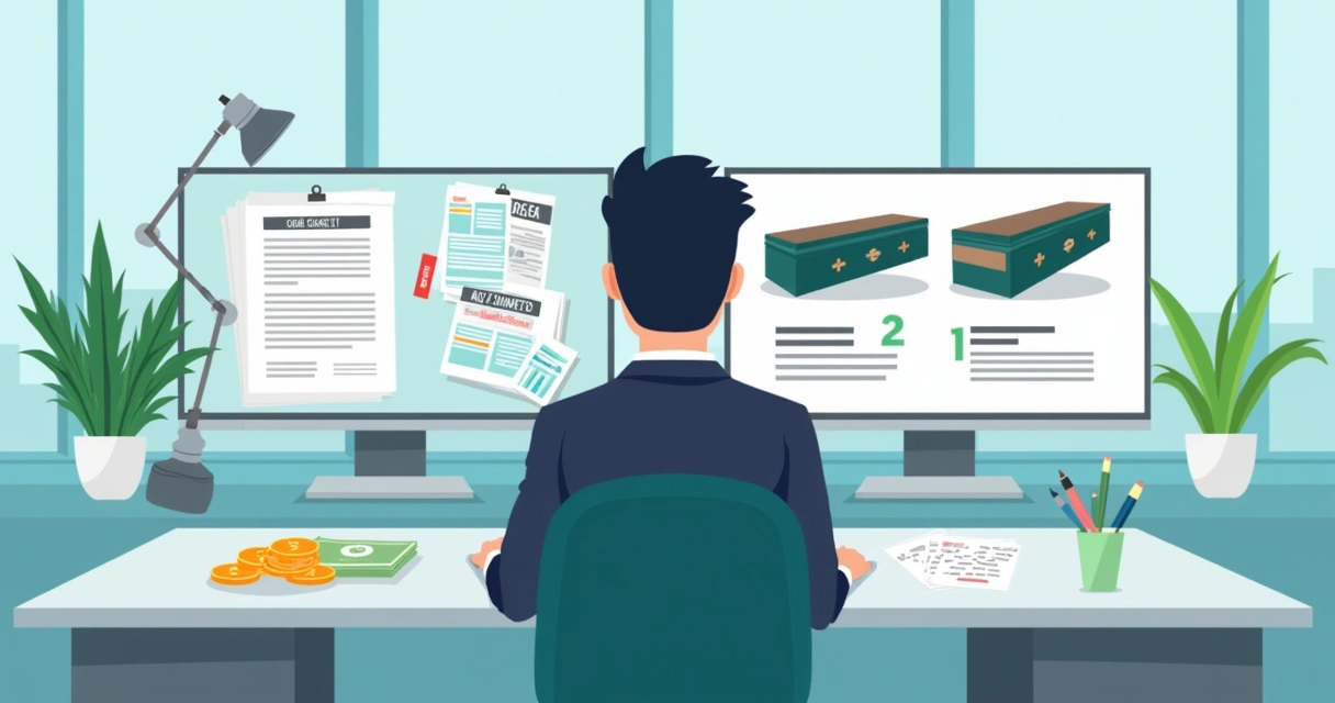 Pessoa analisando opções de seguro funeral e plano funerário em telas lado a lado 