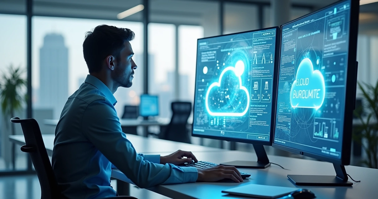 Pessoa decidindo entre usar sistema local ou em nuvem em ambiente moderno com computador e gráficos digitais 