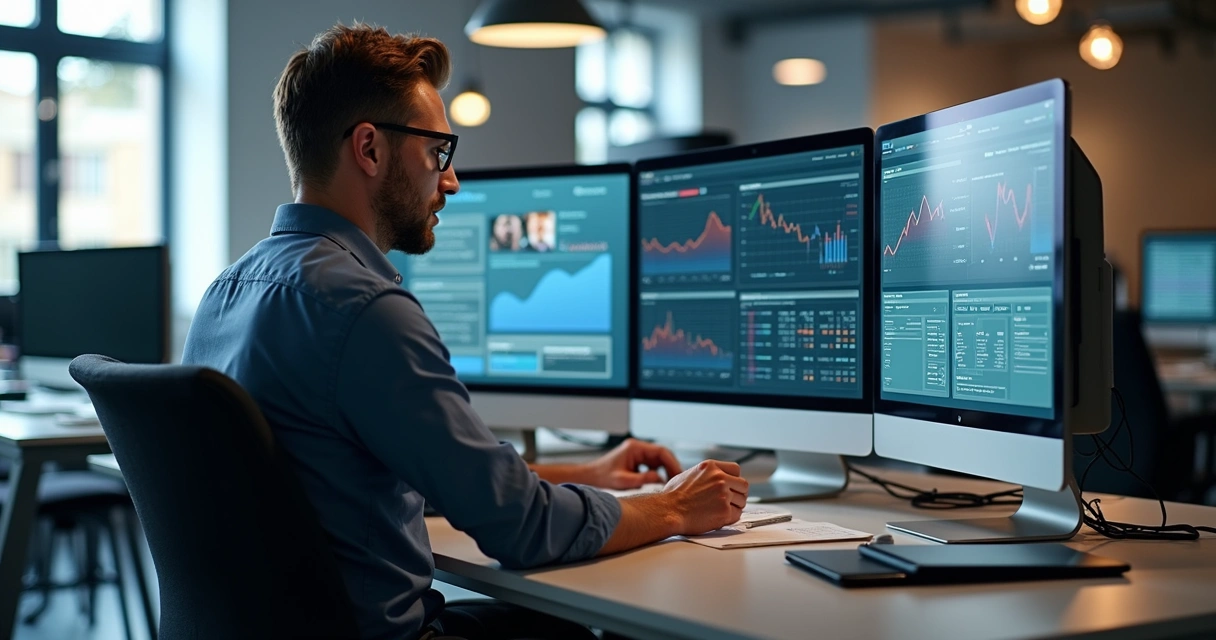 Empresário em pequena empresa analisando telas e dados para escolher sistema de vendas 