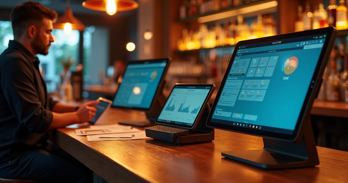 Dono de bar comparando sistemas de POS em tablets e terminais sobre o balcão 