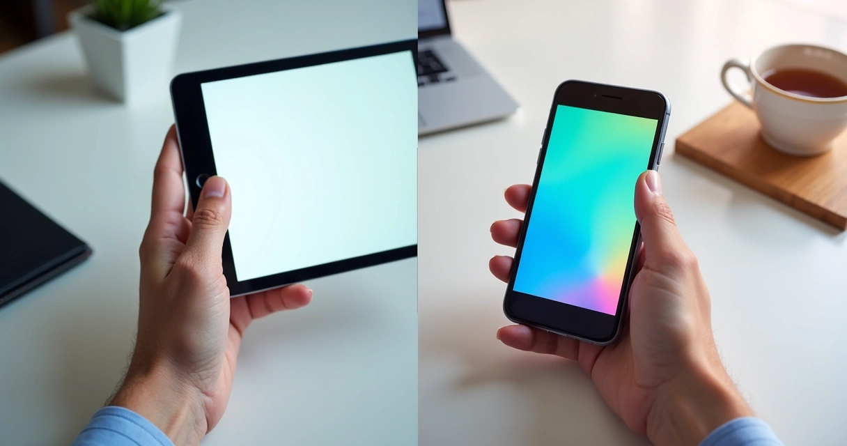 Pessoa segura tablet com site responsivo de um lado e smartphone mostrando app próprio do outro, fundo neutro claro 