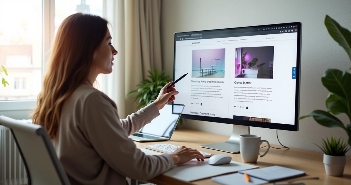 Mulher analisando quadro dividido entre site e blog em tela grande de computador 