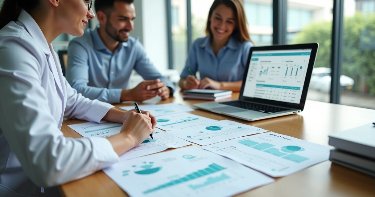 Gestora de clínica odontológica comparando opções de software em mesa de reunião moderna 