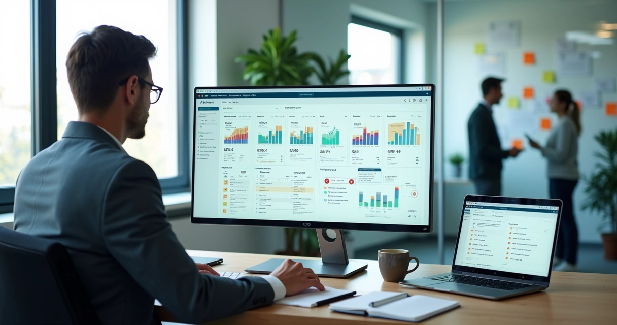 Profissional analisando opções de software de CRM em painel com gráficos e contatos 