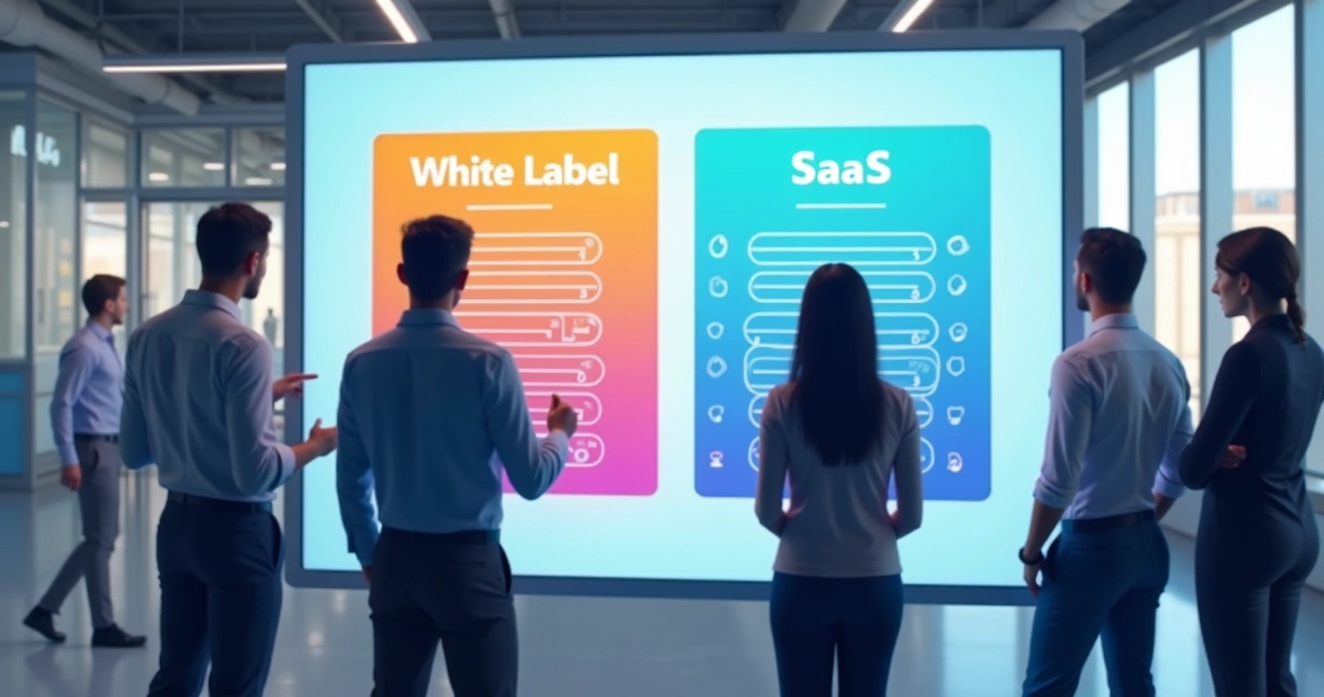 Representação gráfica de uma equipe empresarial analisando opções de software em uma grande tela virtual colorida 