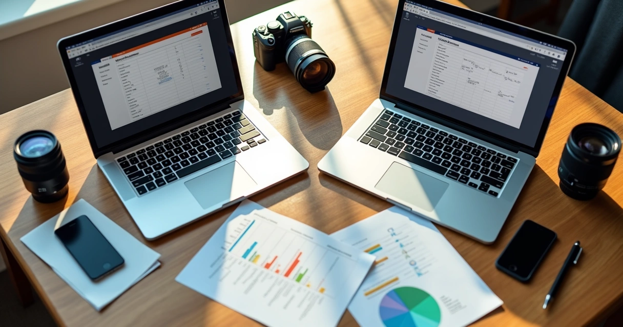 Mesa com computadores, câmeras, contrato digital e análises de software de fotografia 